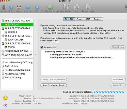 Disk Utility, Repair Permissions, Repair Disk