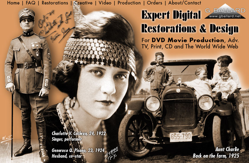 PROFESSIONAL PHOTOSHOP DIGITAL RESTORATION ARTIST produced large genealogy family project to movie DVD based on 1800s 1900s 2000s Mid West farming, grandma's old photographic picture albums and mother's oral history — 1920 style AD fonts colors professional graphic design project.